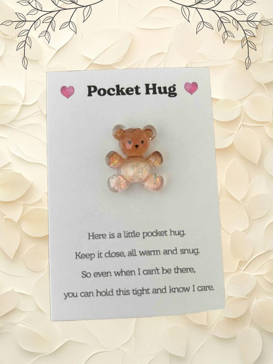 New pocket hug with cute teddy bear, give to friend’s family to show you care. Teddy bear comes in blue but if available choose from choices Brown, blue, pink, purple