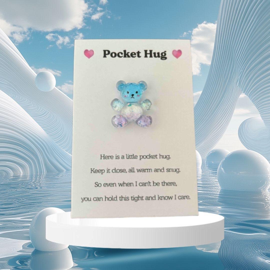 New pocket hug with cute teddy bear, give to friend’s family to show you care.  Teddy bear comes in blue but if available choose from choices Brown, blue, pink, purple